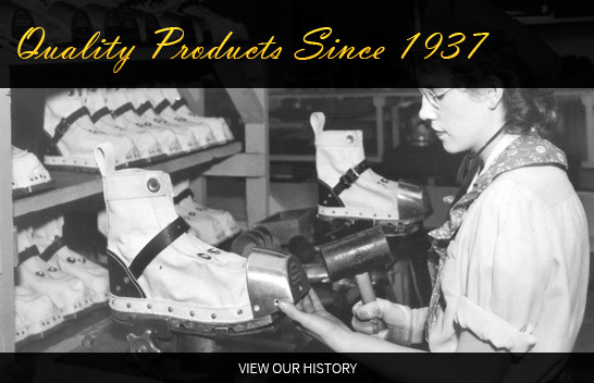 Quality products since 1937 worker adding steel toe on dive boot